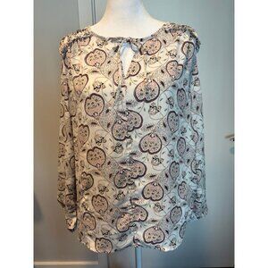 LOFT Paisley Tie-Neck Mixed Media Blouse - Cream/Berry - Size M